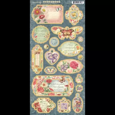 Folha de autocolantes decorativos florais e borboletas em tons pastéis com textos em inglês