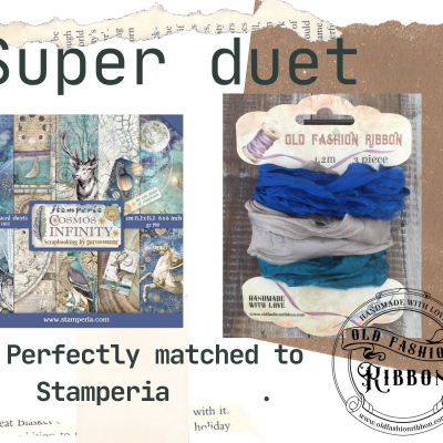 Produto artesanal cosmético com padrões cósmicos e fitas Old Fashion Ribbon em azul e cinza