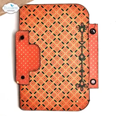 Estojo laranja com padrão geométrico e fecho em aba com botão preto