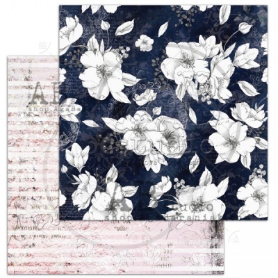 Papéis decorativos com padrões florais e texto em tons de azul escuro e rosa claro