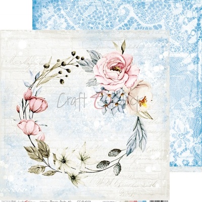 Papel decorativo com guirlanda floral e fundo de renda azul
