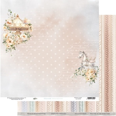 Papel decorativo com carrossel, cavalo de madeira, flores e padrão de bolinhas