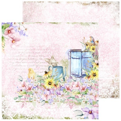 Papel decorativo floral com coelho, pássaro, balde e armário azul em fundo rosa com renda