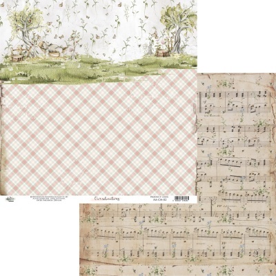 Papéis decorativos com desenhos de paisagem, padrão xadrez e pauta musical