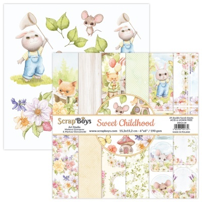 Papel de scrapbooking Sweet Childhood com padrões de flores, animais e texturas em tons pastel