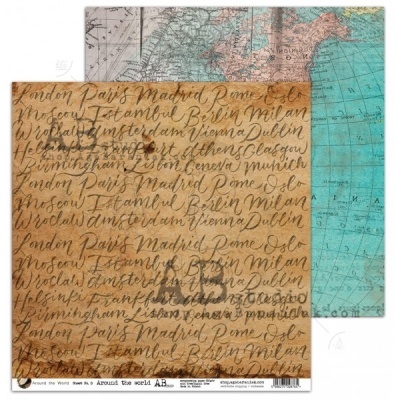 Papel decorativo com padrões de mapa mundi e texto manuscrito listando cidades europeias