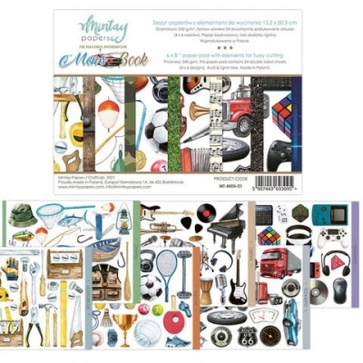 Blocos de papel para recorte com várias estampas coloridas de ferramentas, desporto, música e objetos diversos