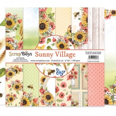 Conjunto de papéis para scrapbooking com motivos florais e girassóis chamado Sunny Village