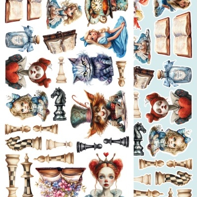 Ilustrações de personagens e objetos de Alice no País das Maravilhas recortados para colagem