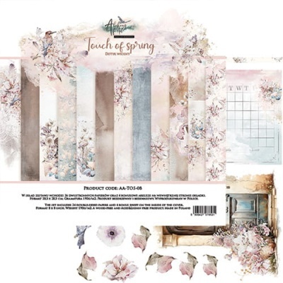 Conjunto de papéis decorativos com padrão floral e texto Touch of spring.