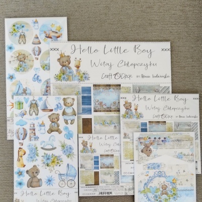 Folhas decorativas para scrapbooking com tema menino e estampas de ursinhos e elementos azuis