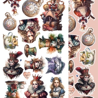 Adesivos temáticos Alice no País das Maravilhas com personagens e objetos coloridos