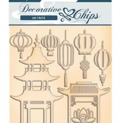 Conjunto de peças decorativas em chipboard com motivos asiáticos em embalagem