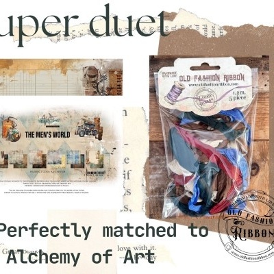 Embalaem de fita decorativa colorida com texto OLD FASHION RIBBON e fundo com texto Super duet.