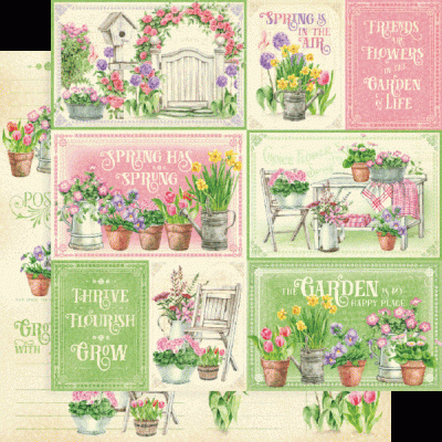 Ilustrações decorativas de flores, vasos, regadores e móveis de jardim com textos em inglês sobre primavera e jardim em fundos pastel.
