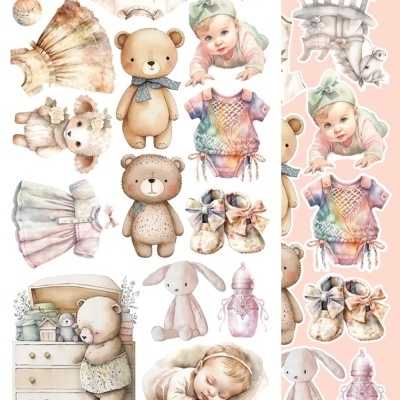 Ilustração digital de roupas, brinquedos e bebé para bebé em tons suaves.