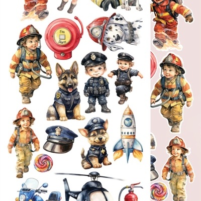 Ilustração colorida de crianças, cães e objetos relacionados a bombeiros e polícia