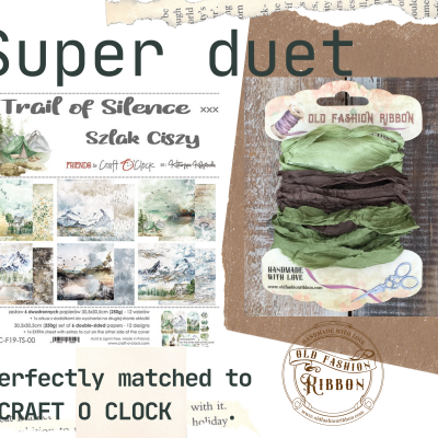 Imagem promocional de coleção Super duet com arte e fitas de tecido coloridas embaladas