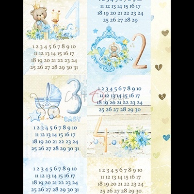 Calendários mensais com ursinhos, carrinhos e temas azuis em fundo com corações pastel