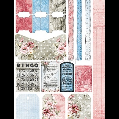 Papéis decorativos com flores, bolinhas, etiquetas vintage e cartão de bingo em tons pastel