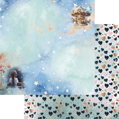 Papel decorativo com coração e ilustração de menina e carrossel no céu azul estrelado