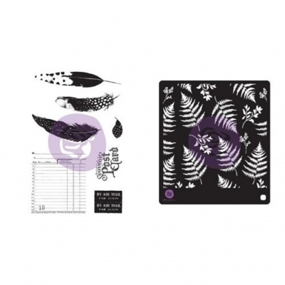 Stencil preto e branco com padrões de penas e folhas