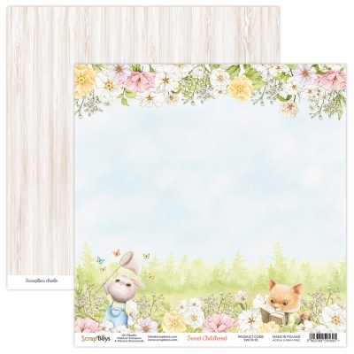 Papel decorativo para scrapbook com coelho e raposa e flores