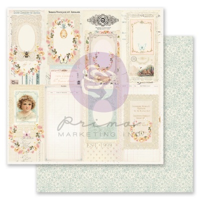 Papel decorativo vintage com etiquetas florais e padrão repetido no verso