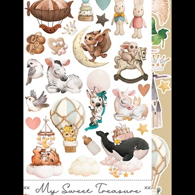 Autocolantes infantis com animais, balões e objetos em tons pastéis e texto 