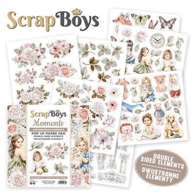 Conjunto ScrapBoys Moments com papéis para recorte duplo lado com elementos florais e figuras vintage