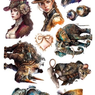 Ilustrações steampunk de pessoas com chapéus, animais mecânicos e objetos decorativos