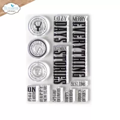 Conjunto de carimbos de silicone com temas de Natal e palavras em inglês.