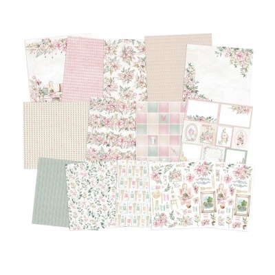 Conjunto de papéis decorativos com padrões florais e desenhos em tons pastel