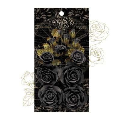 Pacote de flores artesanais de papel pretas e amarelas em embalagem decorada