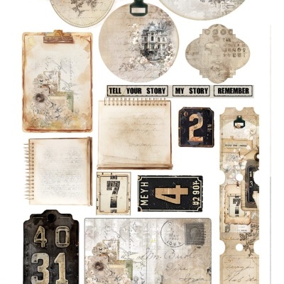 Elementos de journaling vintage em tons bege com flores, números, textos e caderno manuscrito.