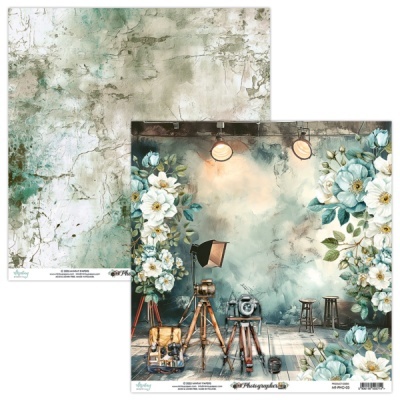 Papel decorativo com motivo de estúdio fotográfico vintage e flores brancas e azuis