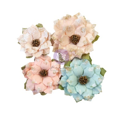 Quatro flores decorativas em cores pastel e detalhes dourados