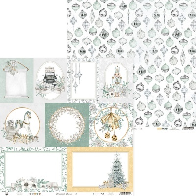 Papel de scrapbook natalino com várias estampas em verde água, branco e dourado.