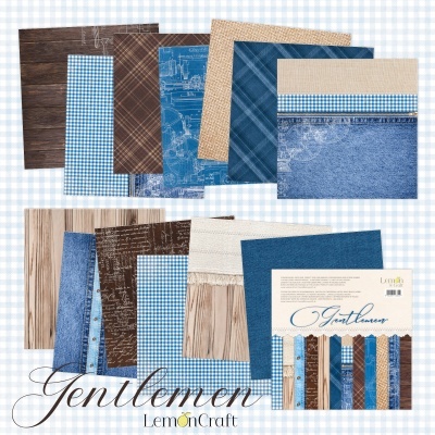 Folhas de papel decorativo com padrões variados em azul, castanho, bege e madeira