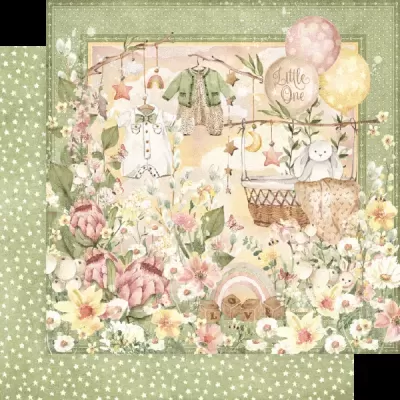 Ilustração decorativa com tema bebé em tons pastel e fundo verde estrelado