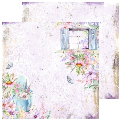 Papel decorativo com padrões florais e uma janela azul num fundo branco com textura envelhecida