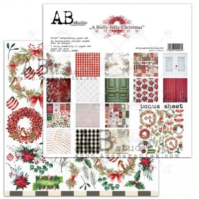 Papel decorativo para scrapbook com padrões natalícios variados e folha bónus, cores vermelho, verde, branco e preto