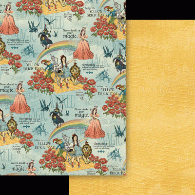 Papel de parede inspirado em The Wizard of Oz com personagens e padrão amarelo ao fundo