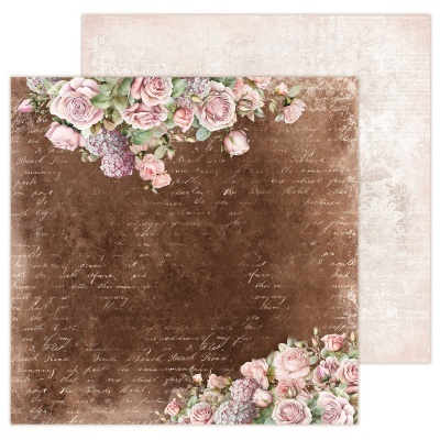 Papel decorativo para scrapbooking com padrão floral e texto manuscrito em fundo castanho, verso creme