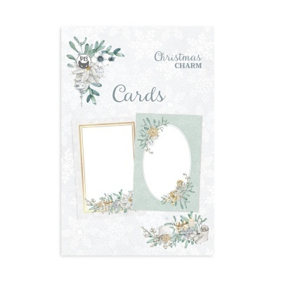 Conjunto de cartões de Natal com design floral verde e dourado, texto Christmas CHARM e Cards