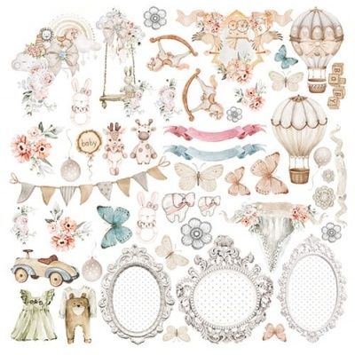Elementos decorativos de bebé em tons pastel com flores, animais, balões, molduras e brinquedos.
