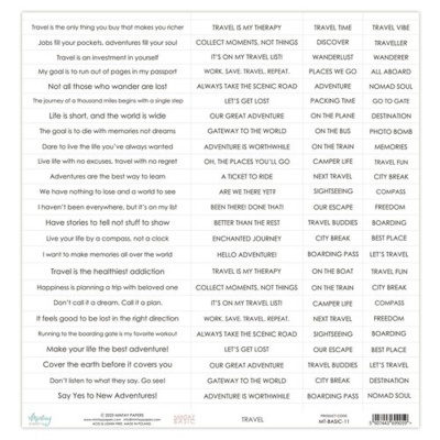 Folha com 68 frases motivacionais sobre viagens em português e inglês, texto preto em fundo branco