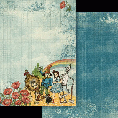 Papel decorativo para scrapbook com personagens do filme O Feiticeiro de Oz e fundo azul com flores vermelhas e textura vintage.