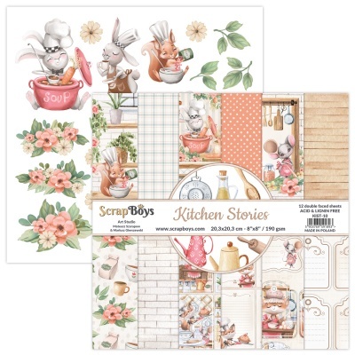 Papel para scrapbooking com temas de cozinha, animais e flores
