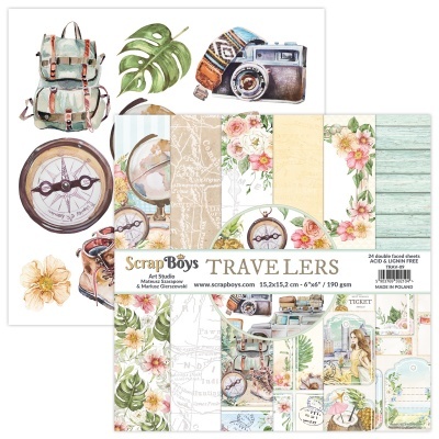 Kit de papel de scrapbooking com tema de viagem, mochila, câmara, bússola e flores
